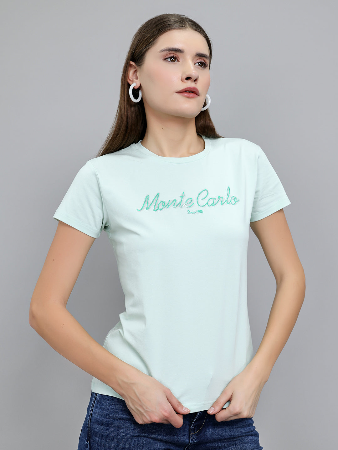 Women Light Green Embroidered Round Neck Half Sleeve Top