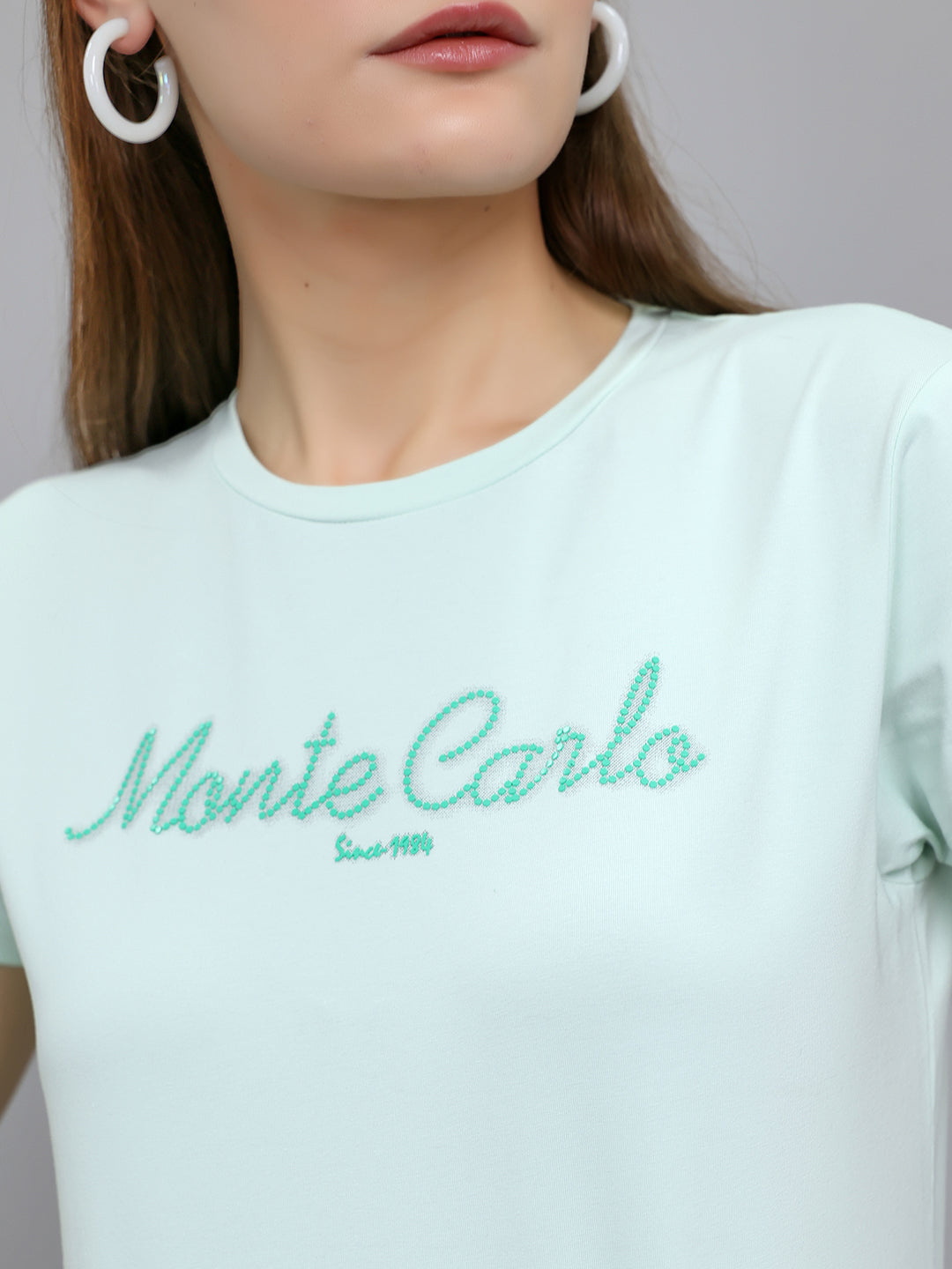 Women Light Green Embroidered Round Neck Half Sleeve Top