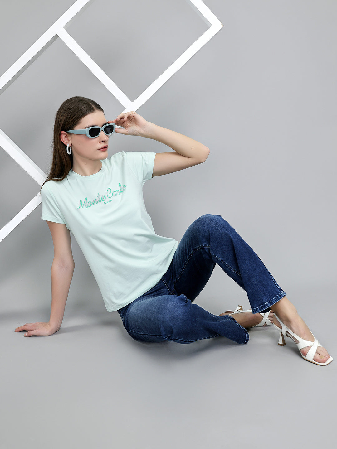 Women Light Green Embroidered Round Neck Half Sleeve Top