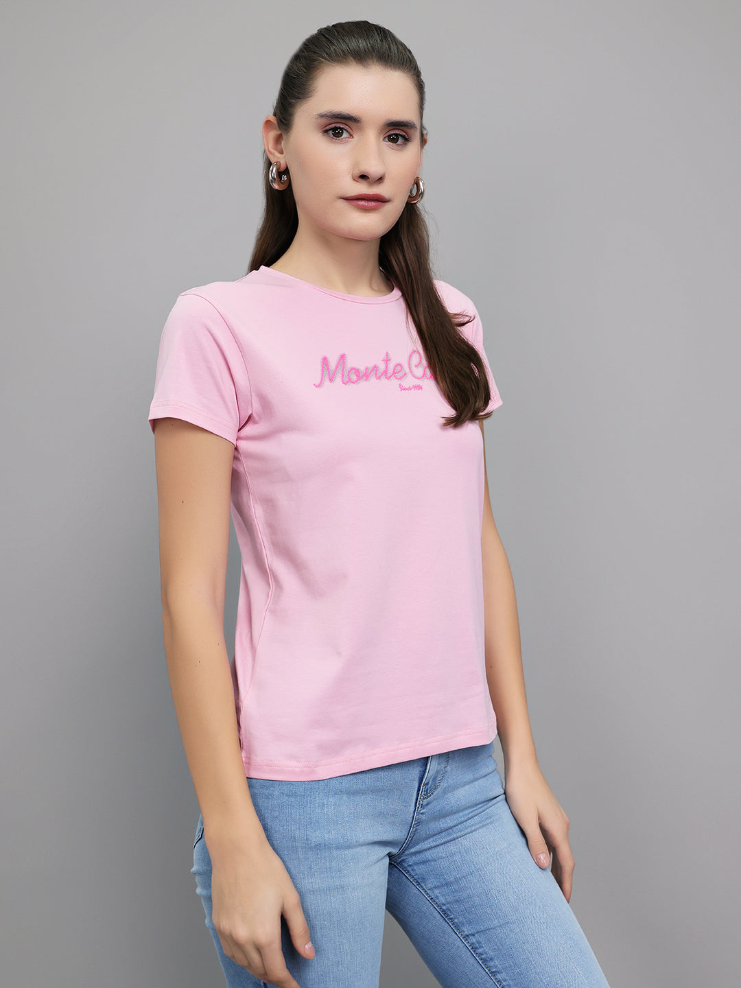 Women Pink Embroidered Round Neck Half Sleeve Top