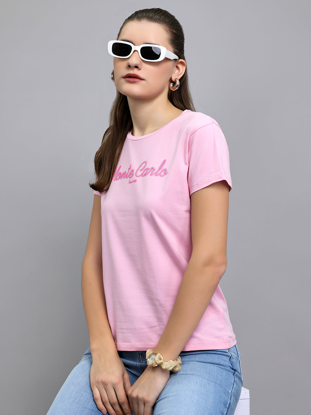 Women Pink Embroidered Round Neck Half Sleeve Top
