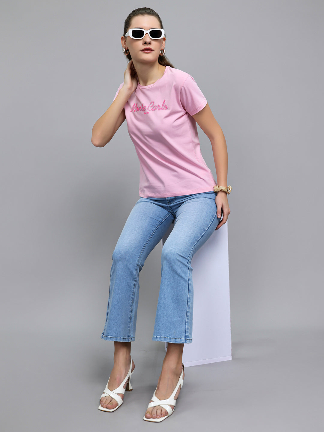 Women Pink Embroidered Round Neck Half Sleeve Top