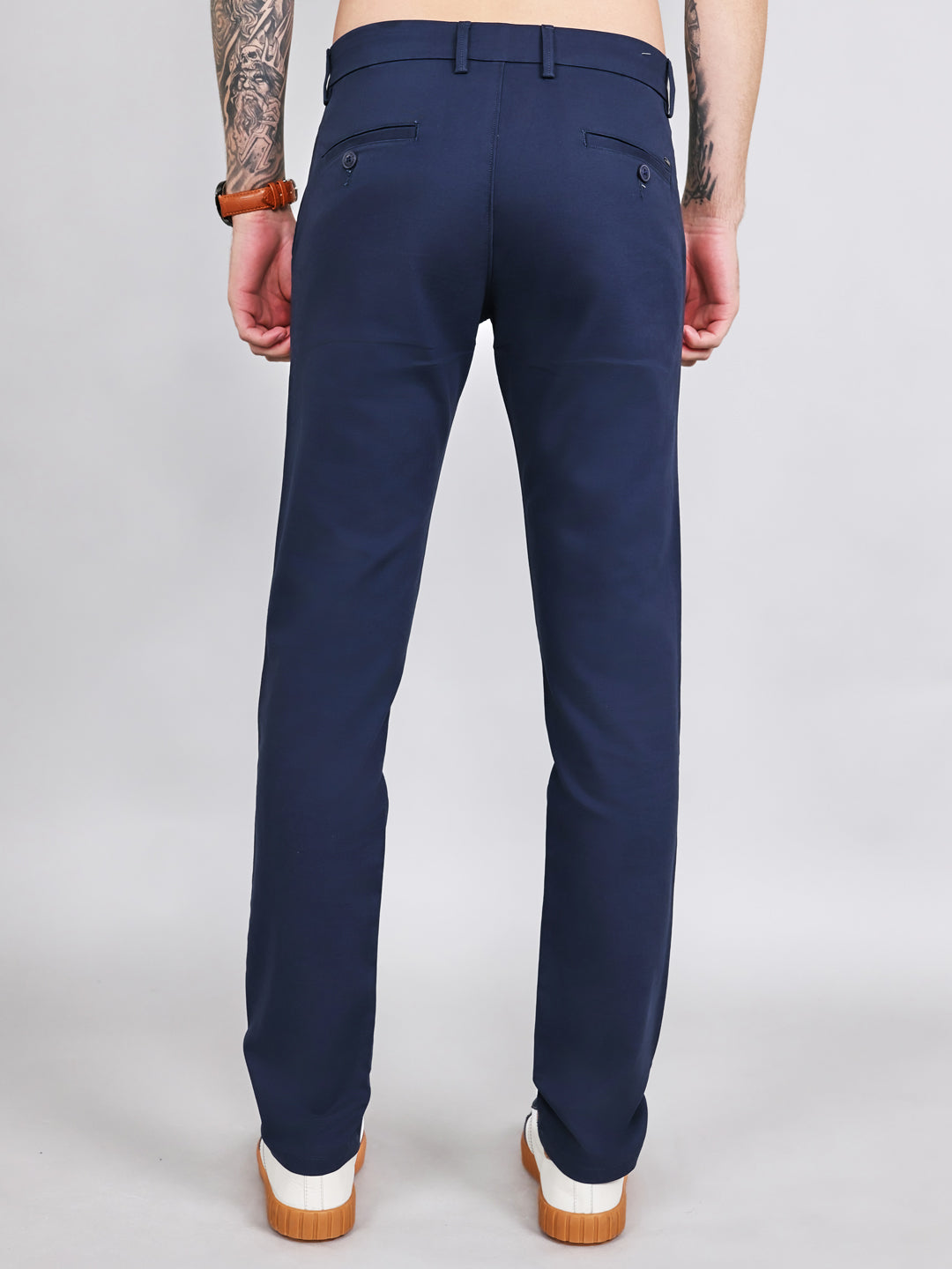 Men Navy Blue Solid Slim Fit Trouser