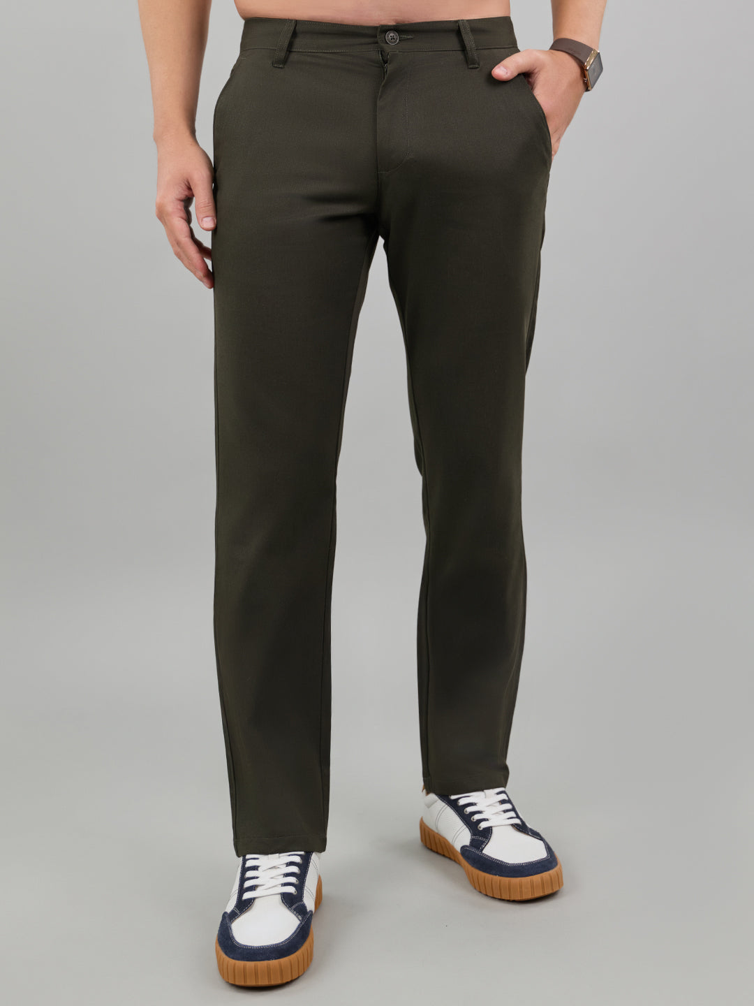 Men Dark Green Solid Regular Fit Trouser