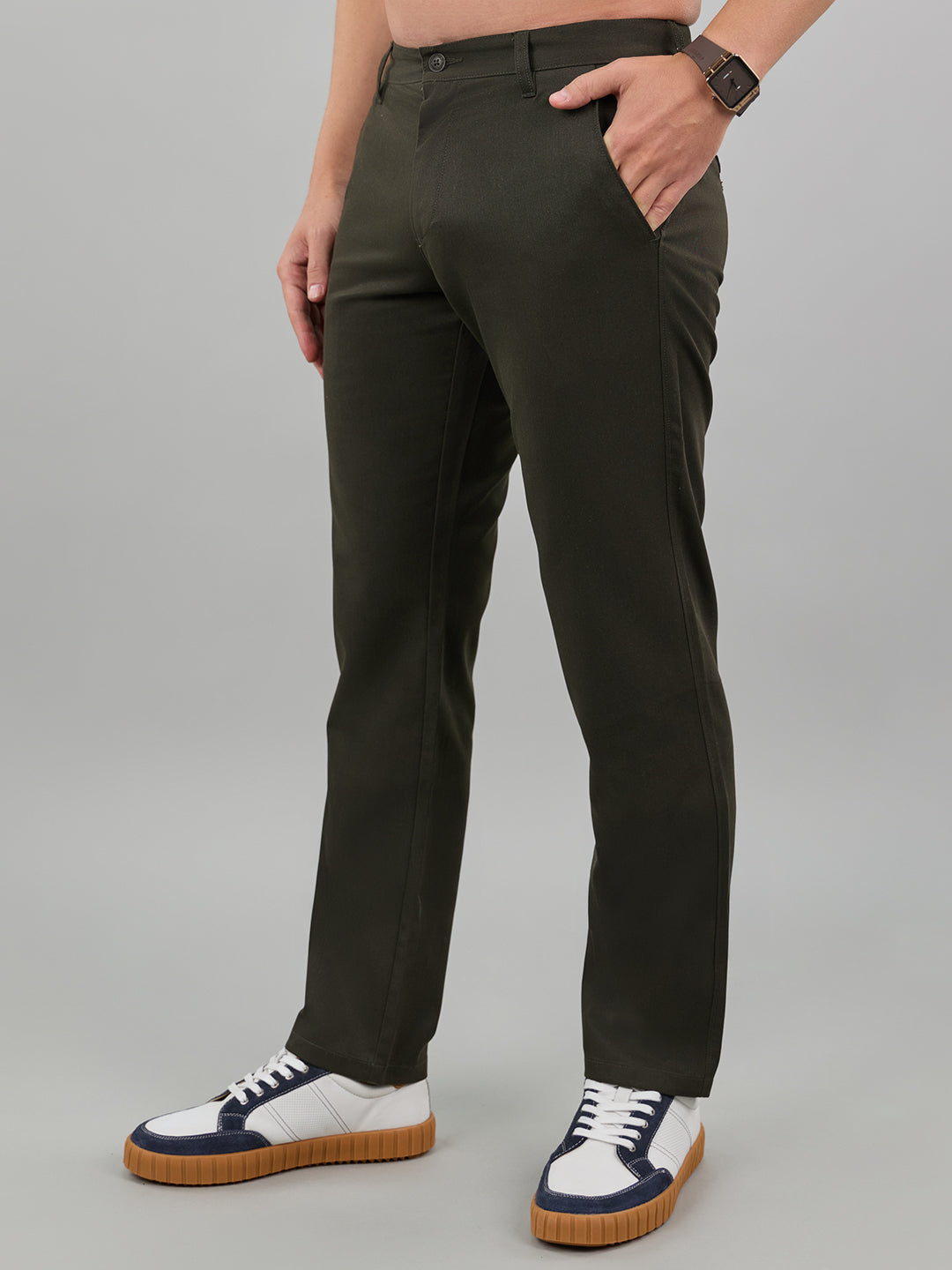 Men Dark Green Solid Regular Fit Trouser