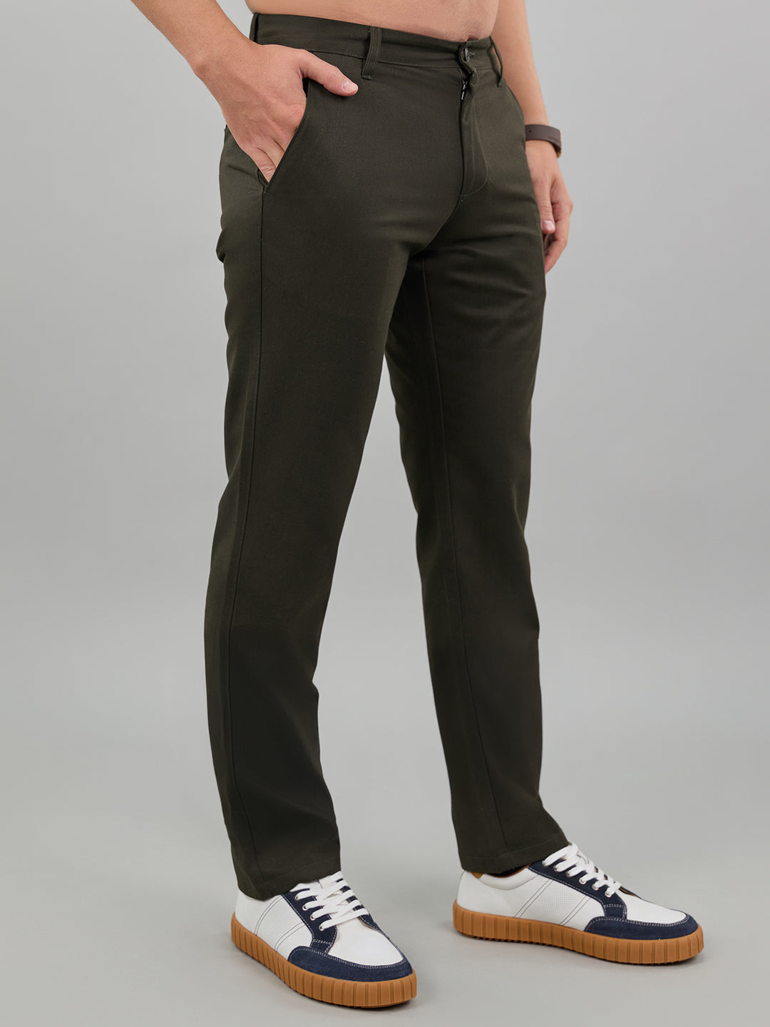 Men Dark Green Solid Regular Fit Trouser
