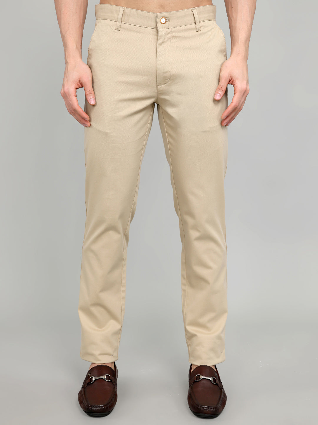 Men Beige Solid Slim Fit Trouser