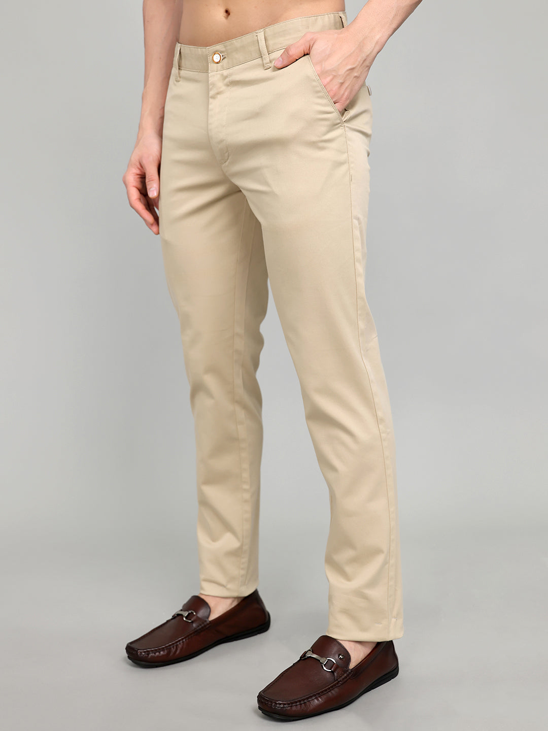 Men Beige Solid Slim Fit Trouser