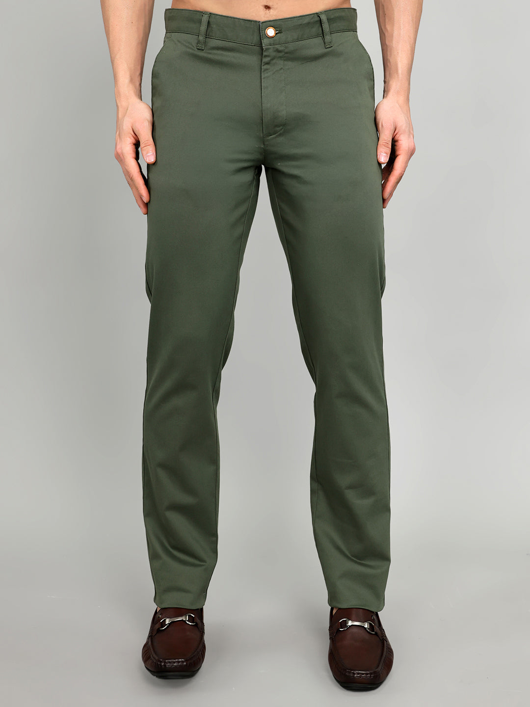 Men Olive Solid Slim Fit Trouser