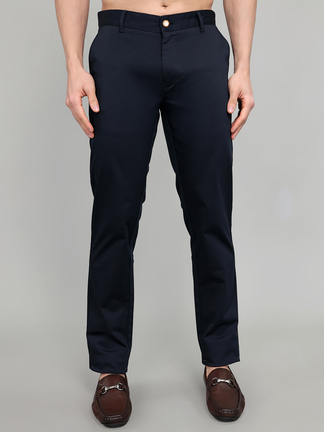 Men Navy Blue Solid Slim Fit Trouser