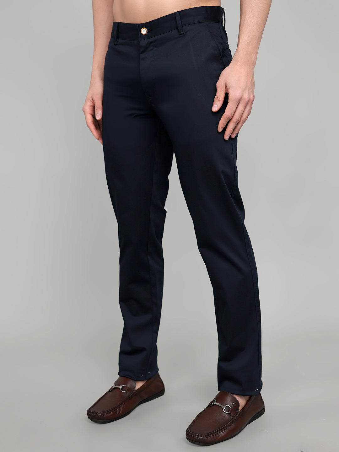 Men Navy Blue Solid Slim Fit Trouser