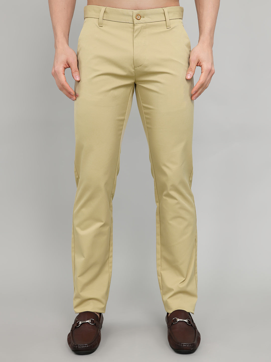 Men Khaki Solid Slim Fit Trouser
