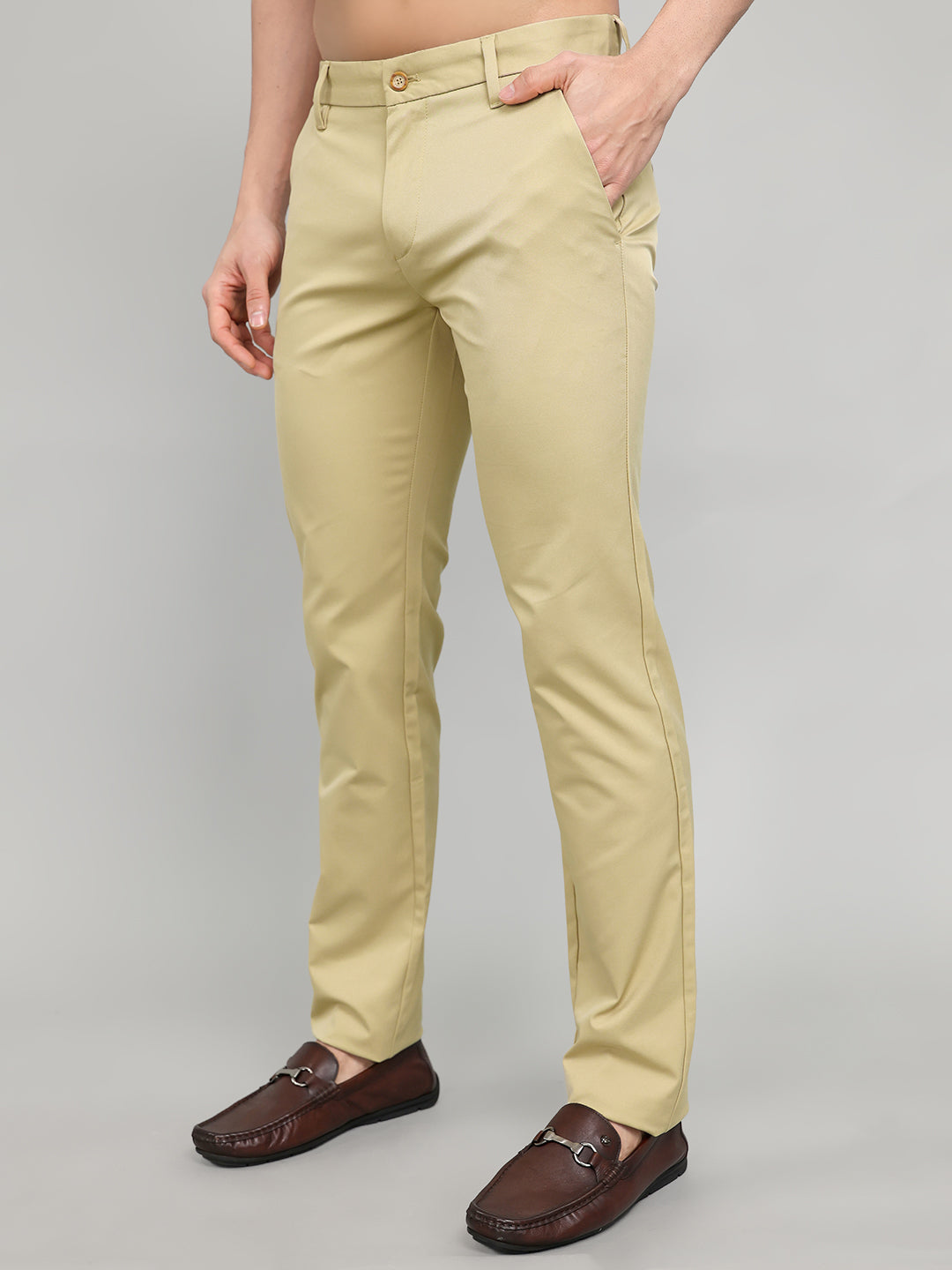 Men Khaki Solid Slim Fit Trouser