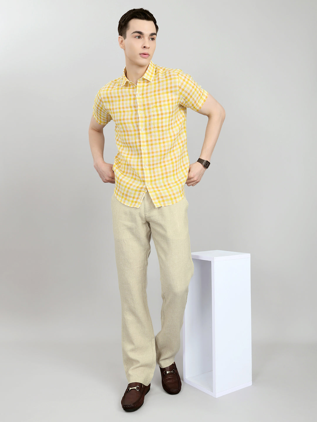 Men Beige Solid Regular Fit Trouser
