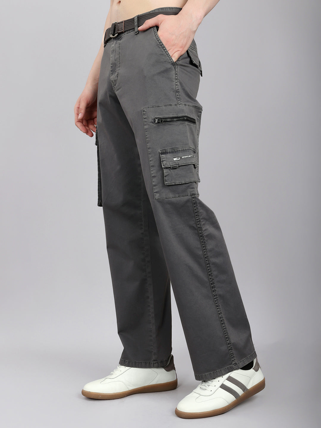 Men Grey Solid Regular Fit Cargo