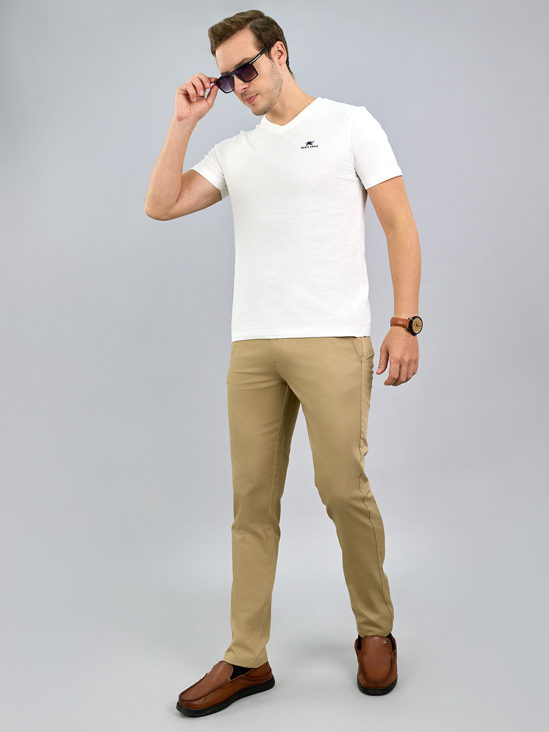 Men Khaki Solid Regular Fit Trouser with Front Coin Pocket