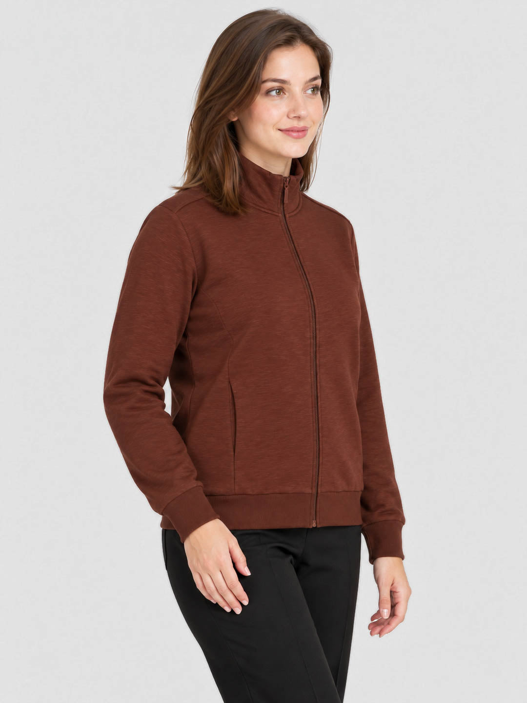 Women Rust Solid Stand Collar Full Sleeve Sweatshirt