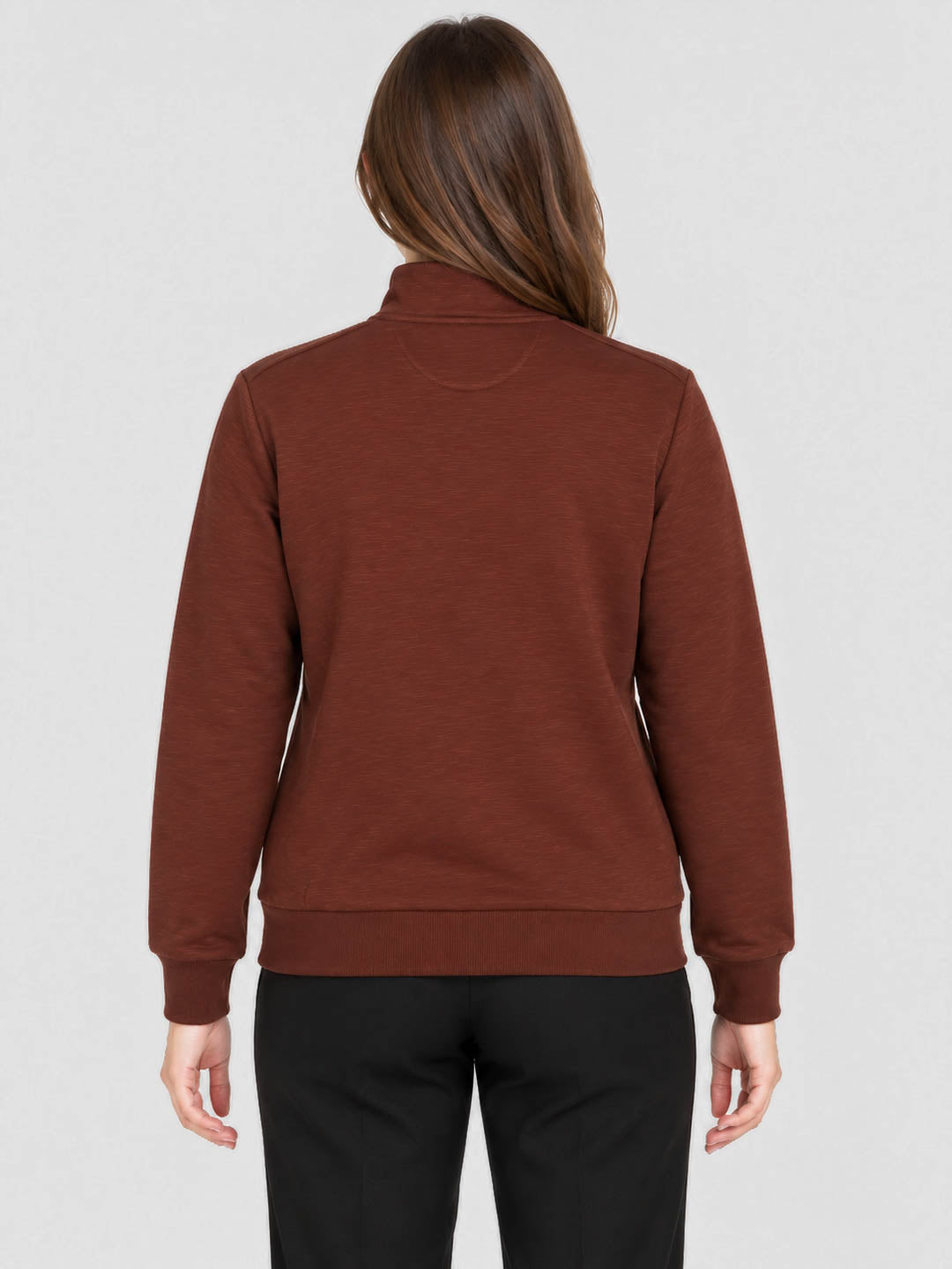Women Rust Solid Stand Collar Full Sleeve Sweatshirt