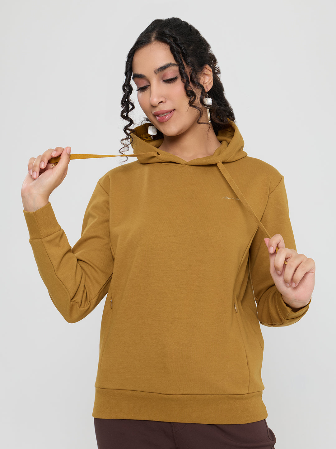Women Mustard Solid Hooded Full Sleeve Sweatshirt