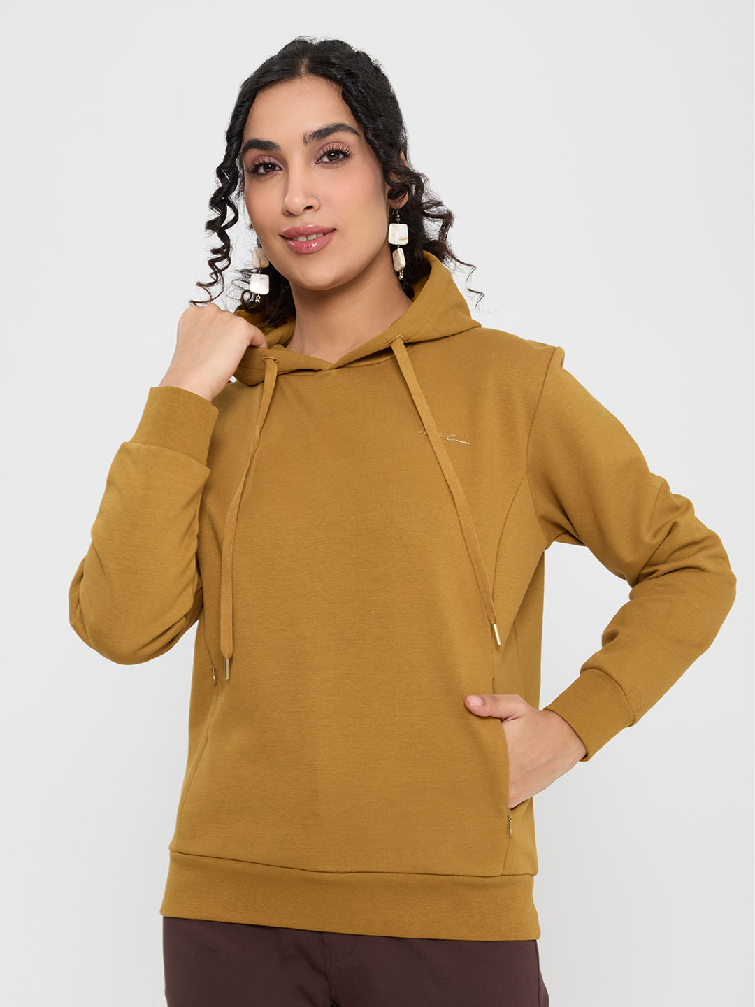Women Mustard Solid Hooded Full Sleeve Sweatshirt