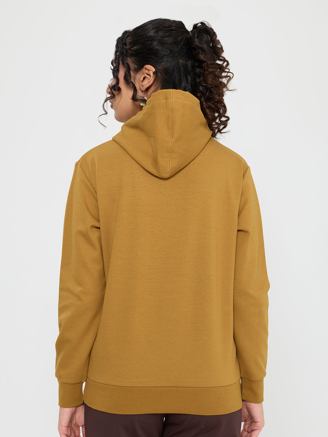 Women Mustard Solid Hooded Full Sleeve Sweatshirt