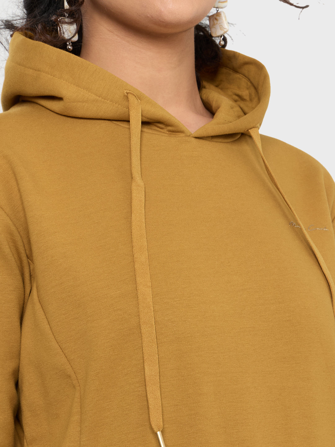 Women Mustard Solid Hooded Full Sleeve Sweatshirt