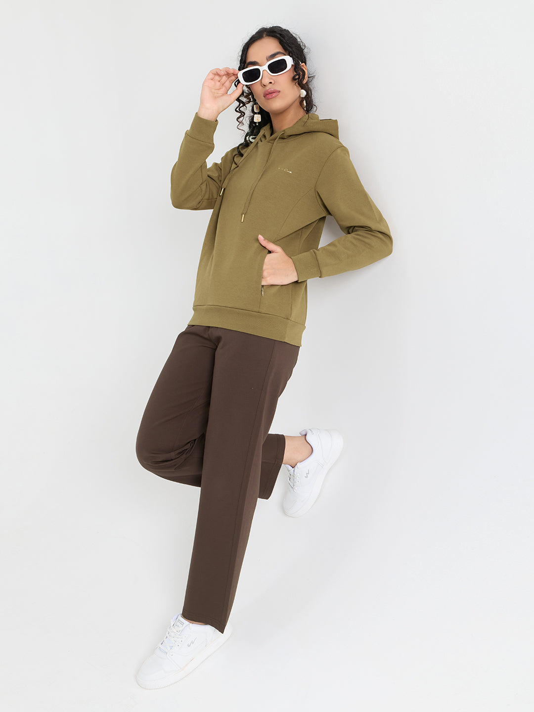 Women Olive Solid Hooded Full Sleeve Sweatshirt