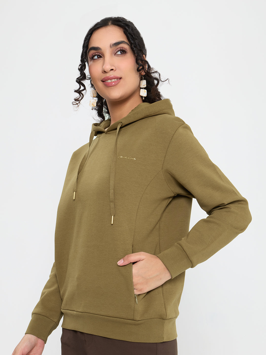 Women Olive Solid Hooded Full Sleeve Sweatshirt