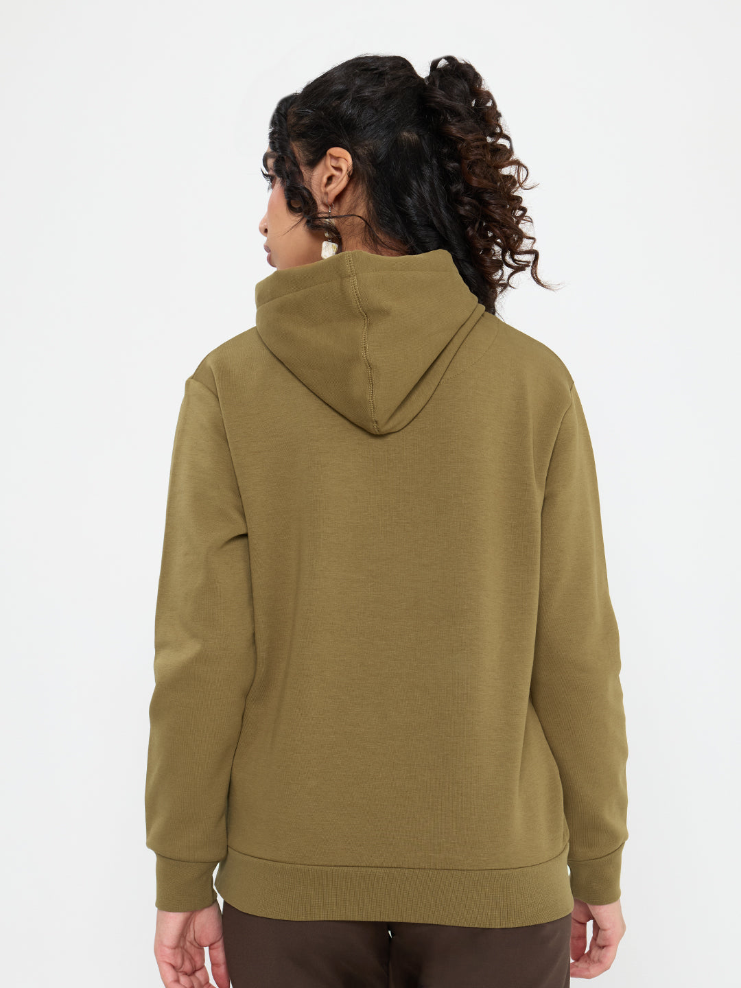 Women Olive Solid Hooded Full Sleeve Sweatshirt