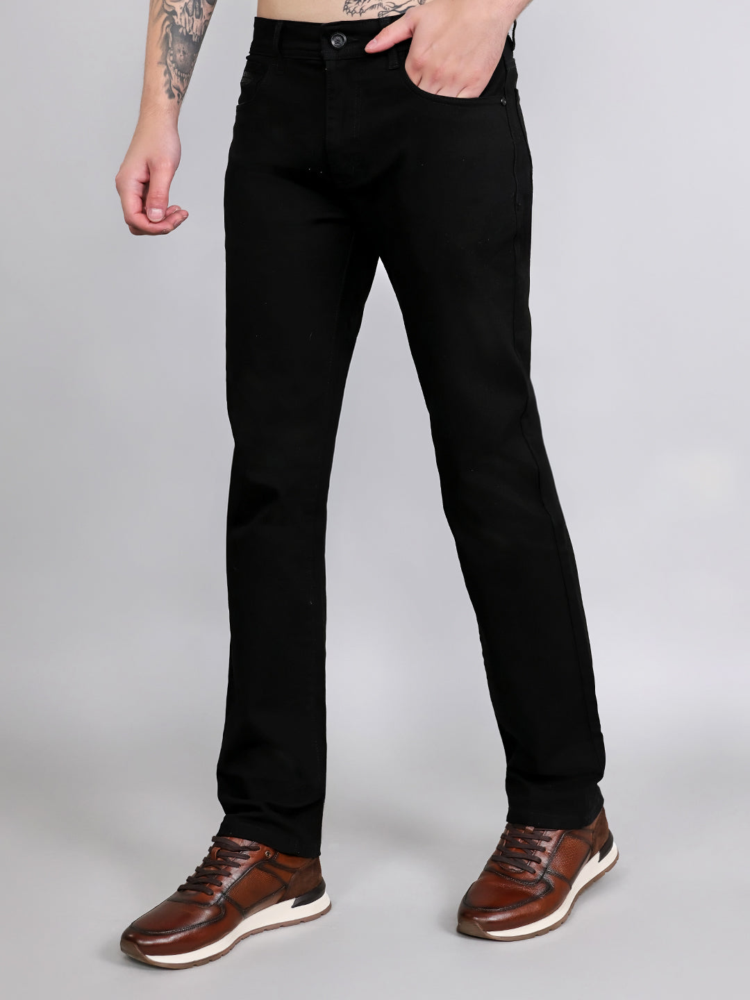 Men Black Light Wash Straight Fit Denim