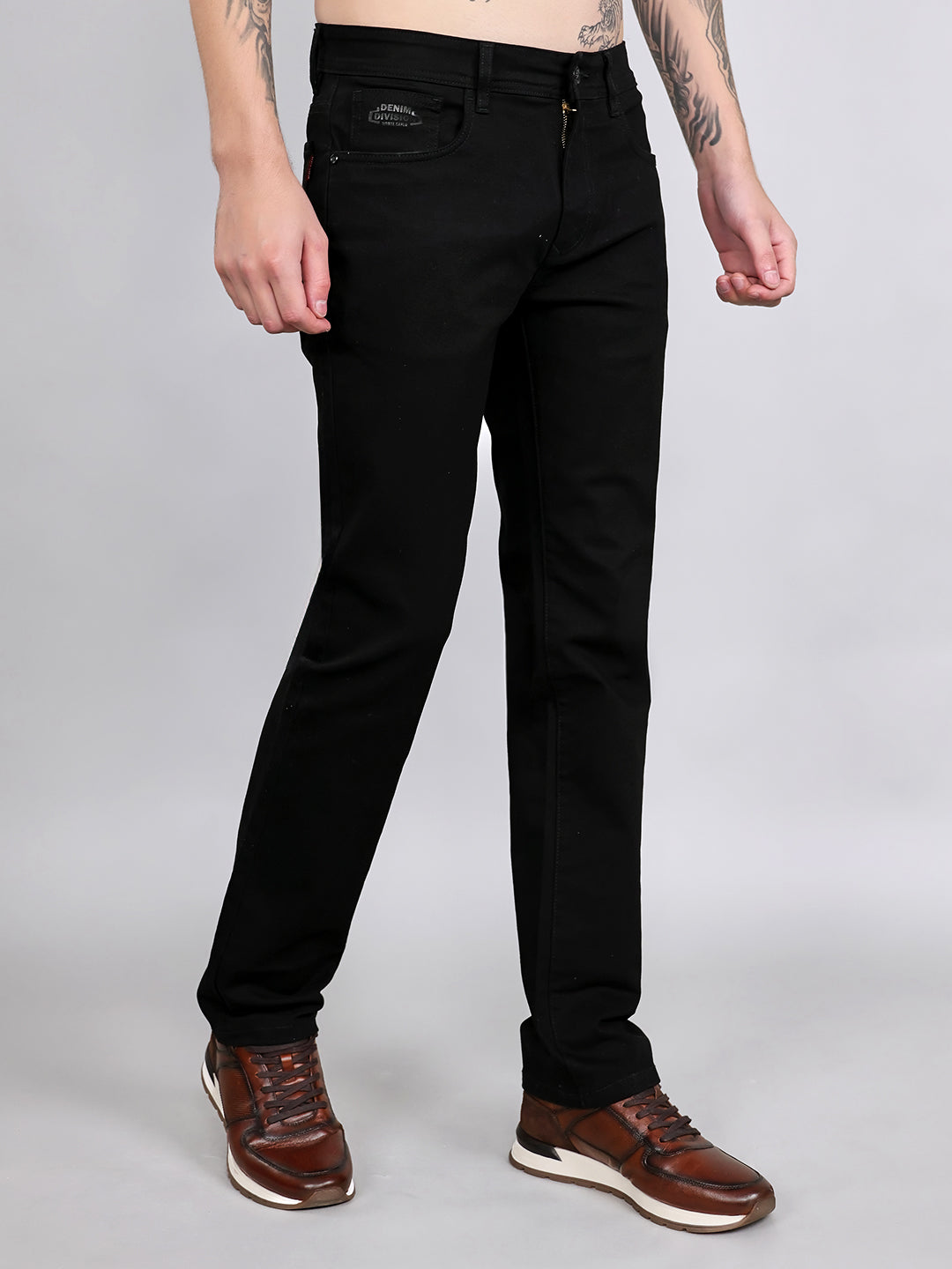 Men Black Light Wash Straight Fit Denim