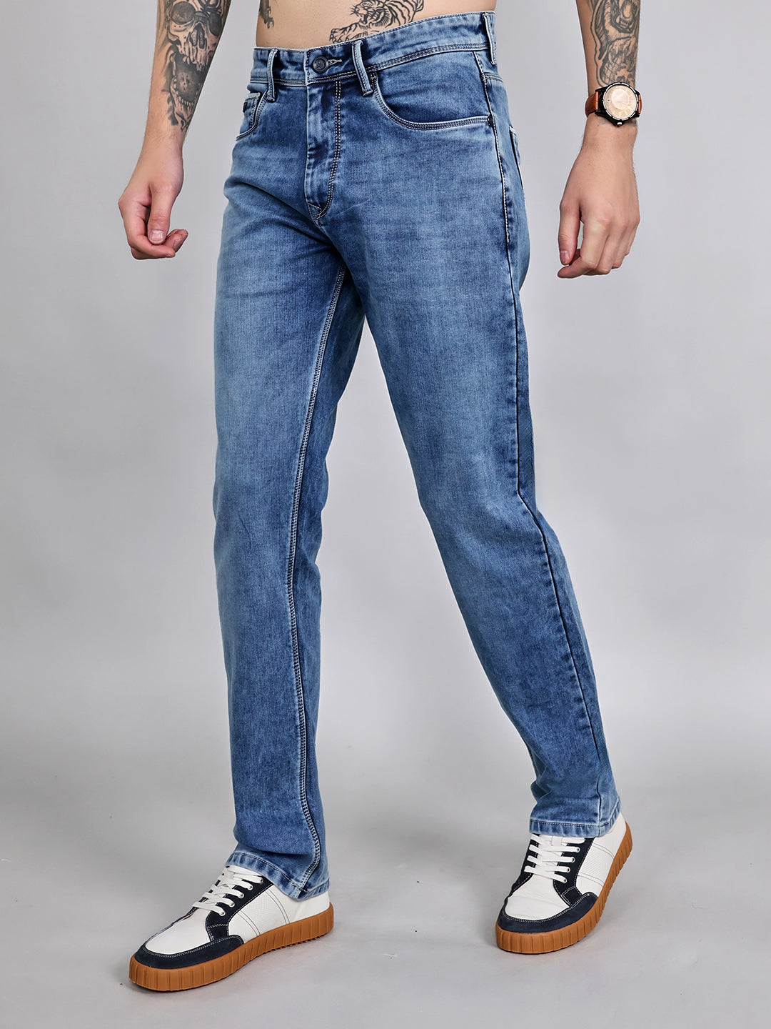 Men Light Blue Light Wash Straight Fit Denim