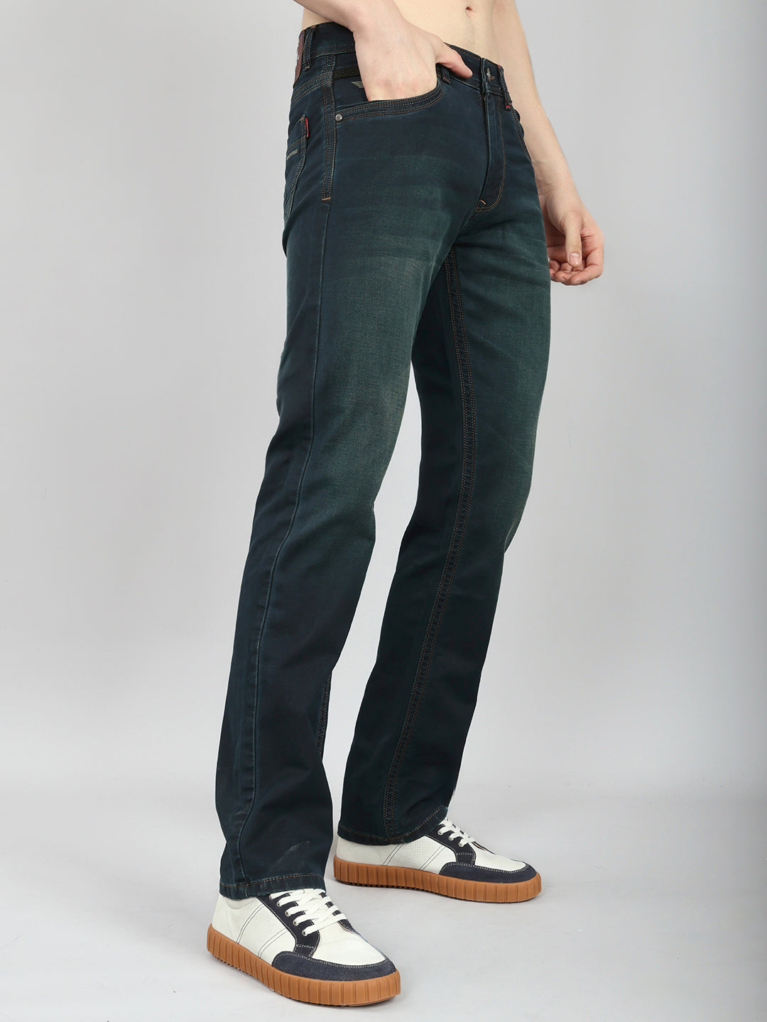 Men Green Light Wash Straight Fit Denim