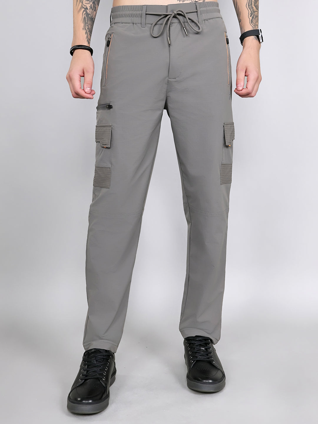 Men Grey Solid Regular Fit Cargo
