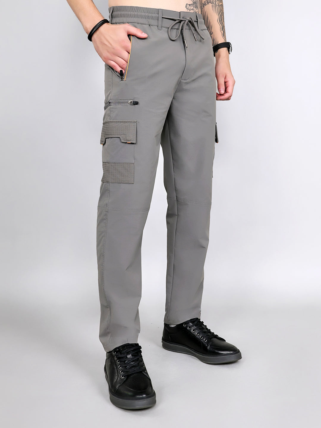 Men Grey Solid Regular Fit Cargo