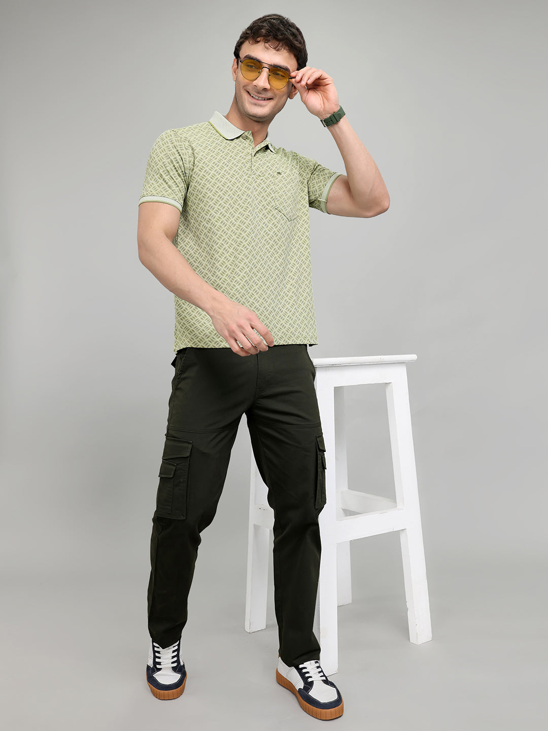 Men Green Printed Collar Half Sleeve T-Shirt