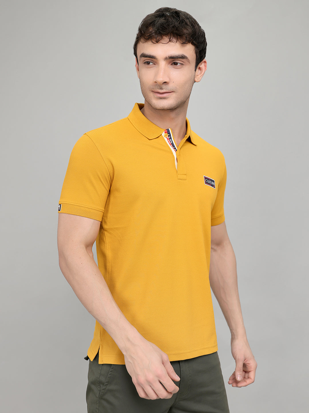 Men Mustard Solid Collar Half Sleeve T-Shirt