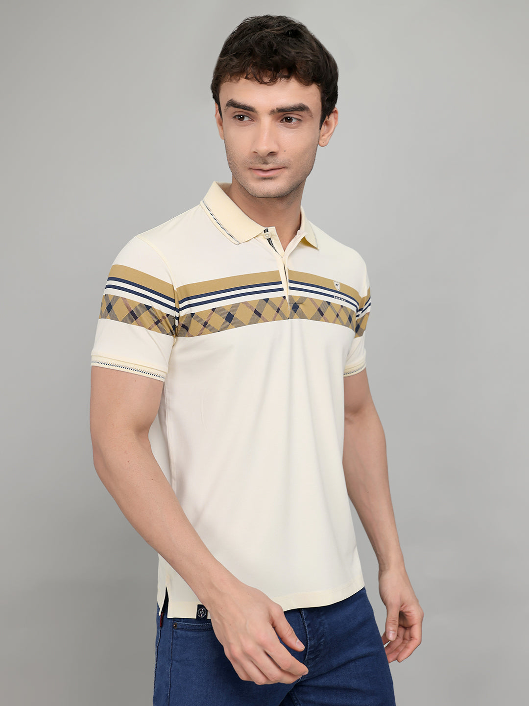 Men Beige Printed Collar Half Sleeve T-Shirt