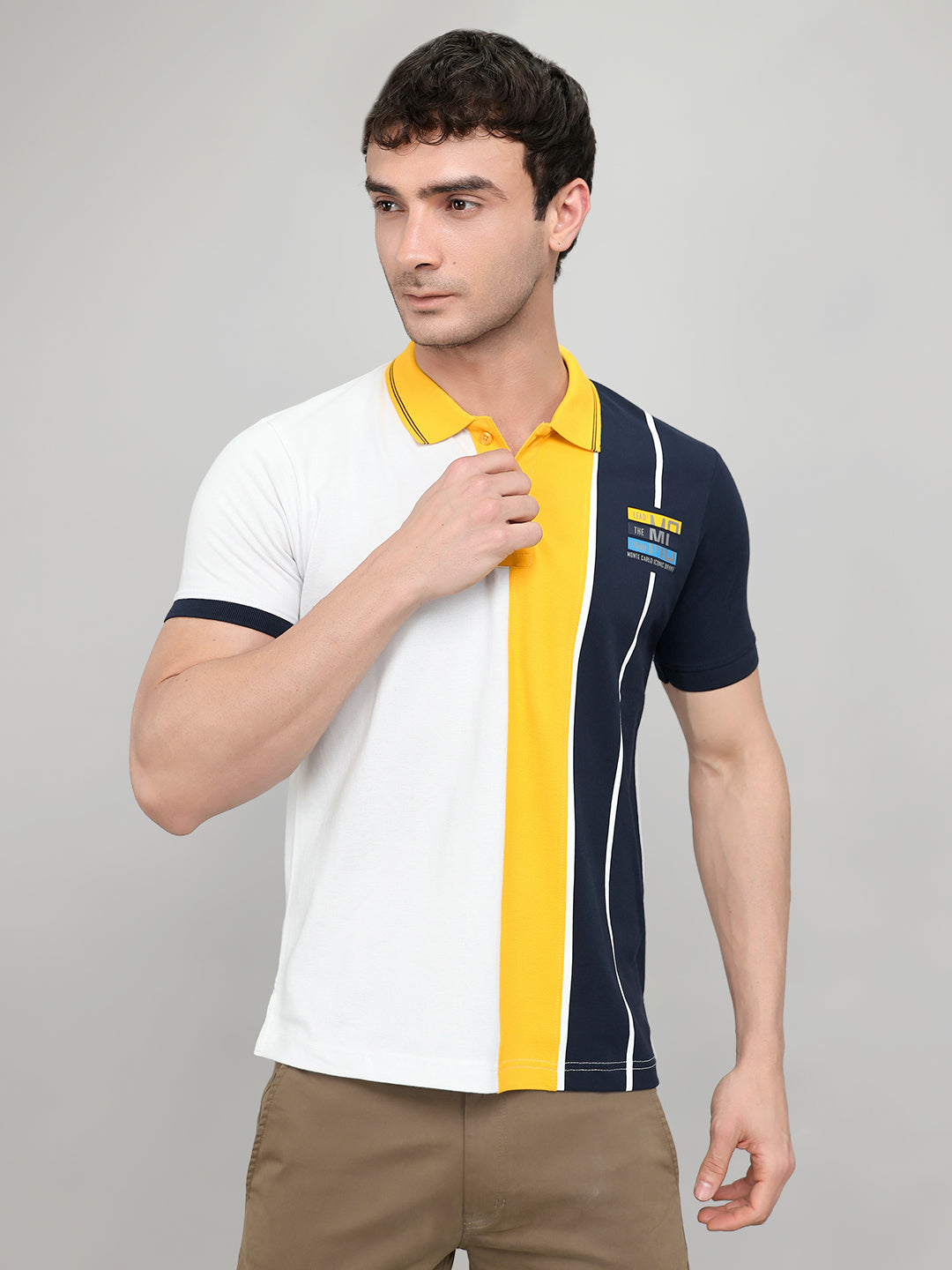 Men Navy Blue Printed Collar Half Sleeve T-Shirt