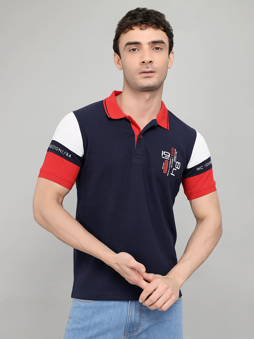 Men Navy Blue Printed Collar Half Sleeve T-Shirt