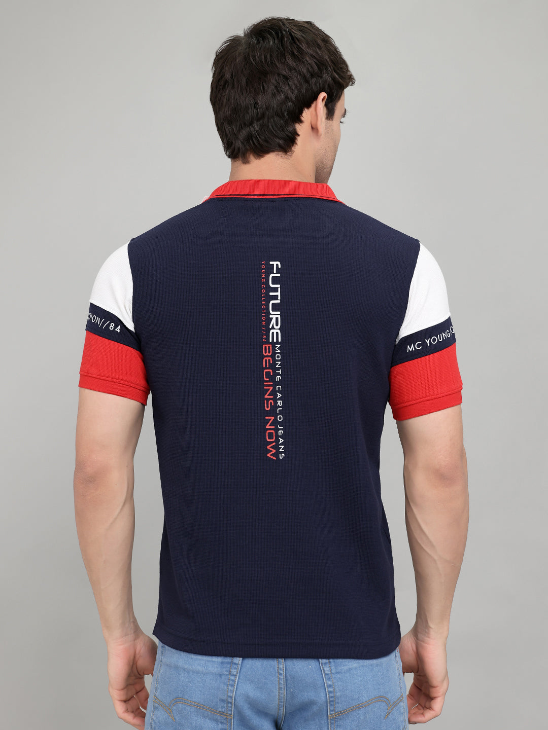 Men Navy Blue Printed Collar Half Sleeve T-Shirt