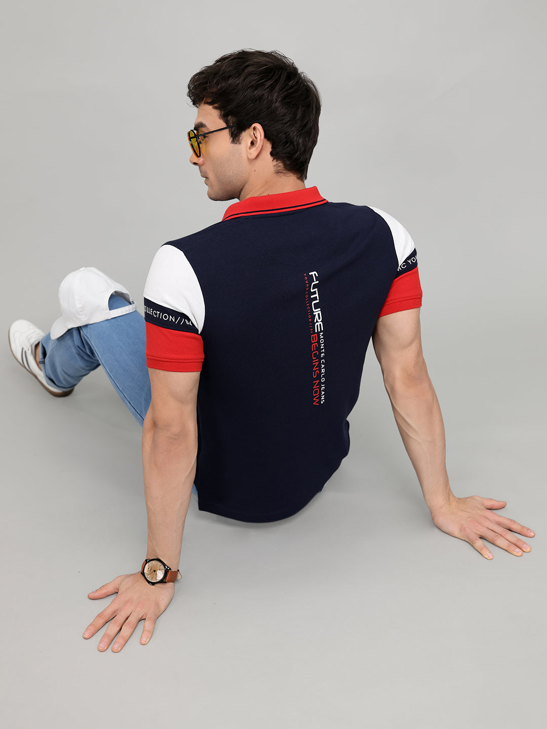 Men Navy Blue Printed Collar Half Sleeve T-Shirt