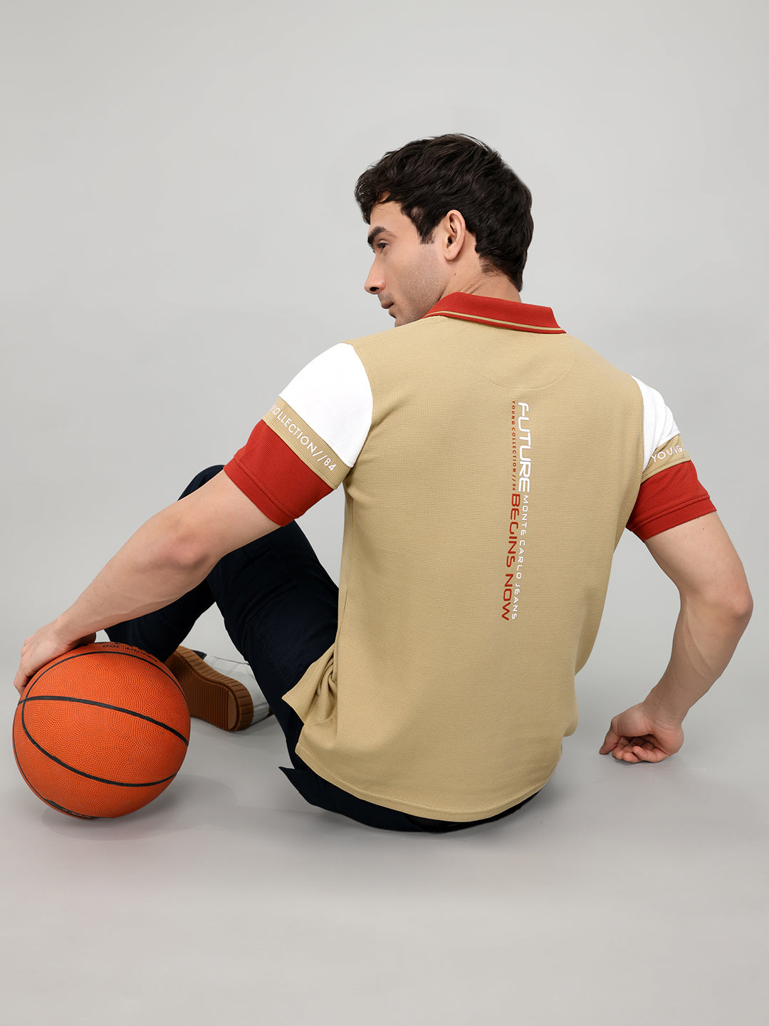 Men Beige Printed Collar Half Sleeve T-Shirt