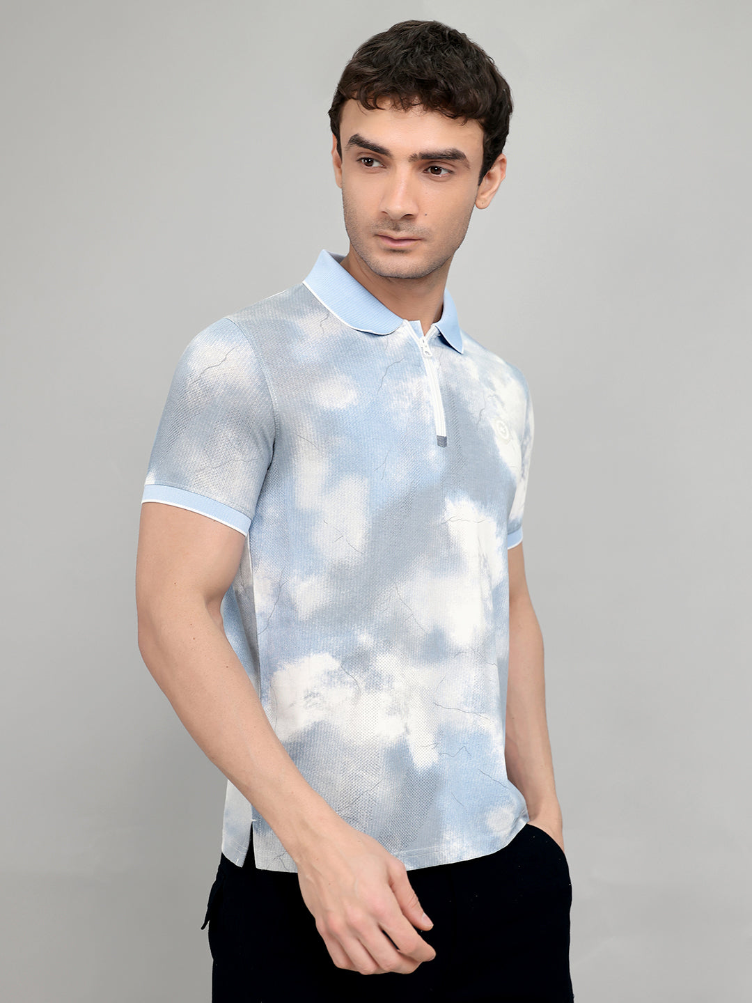 Men Sky Blue Printed Collar Half Sleeve T-Shirt