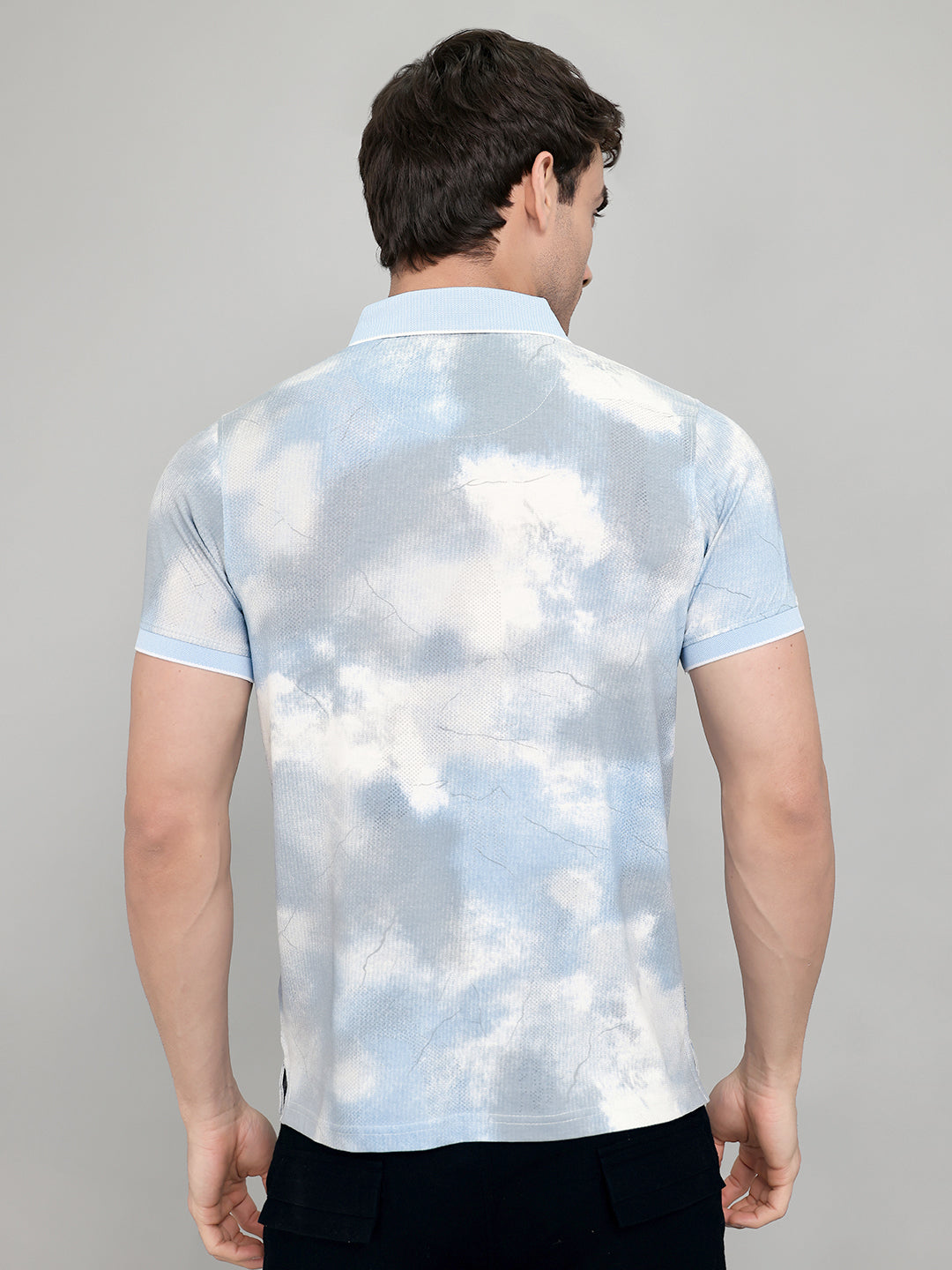 Men Sky Blue Printed Collar Half Sleeve T-Shirt