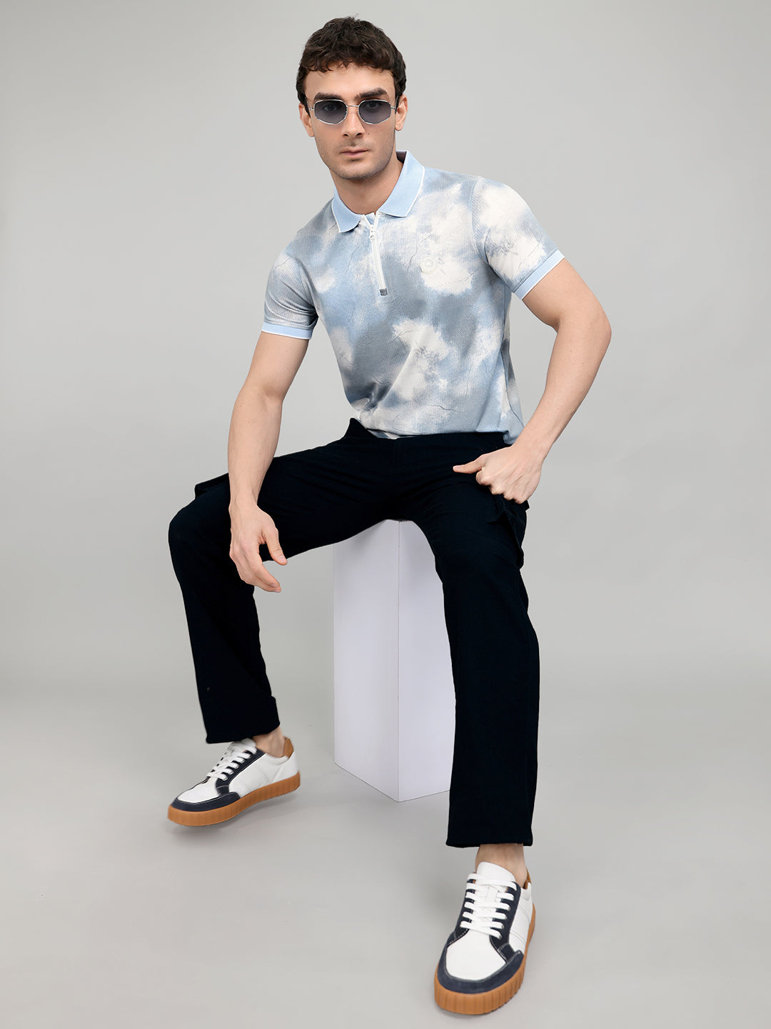 Men Sky Blue Printed Collar Half Sleeve T-Shirt