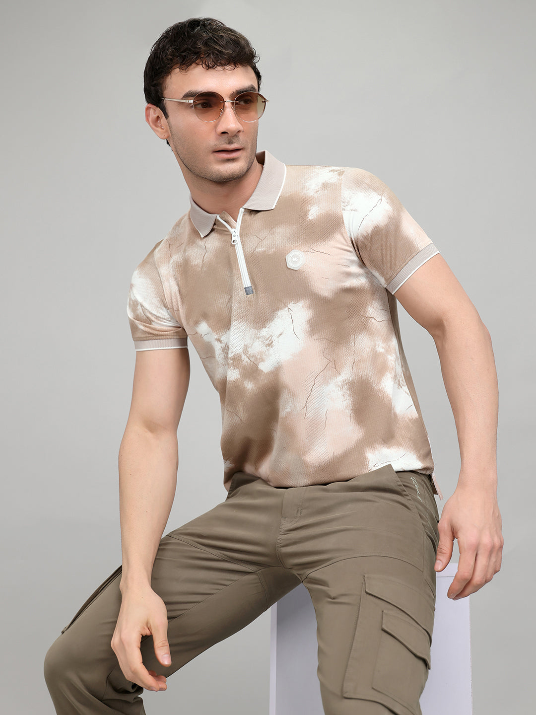 Men Brown Printed Collar Half Sleeve T-Shirt
