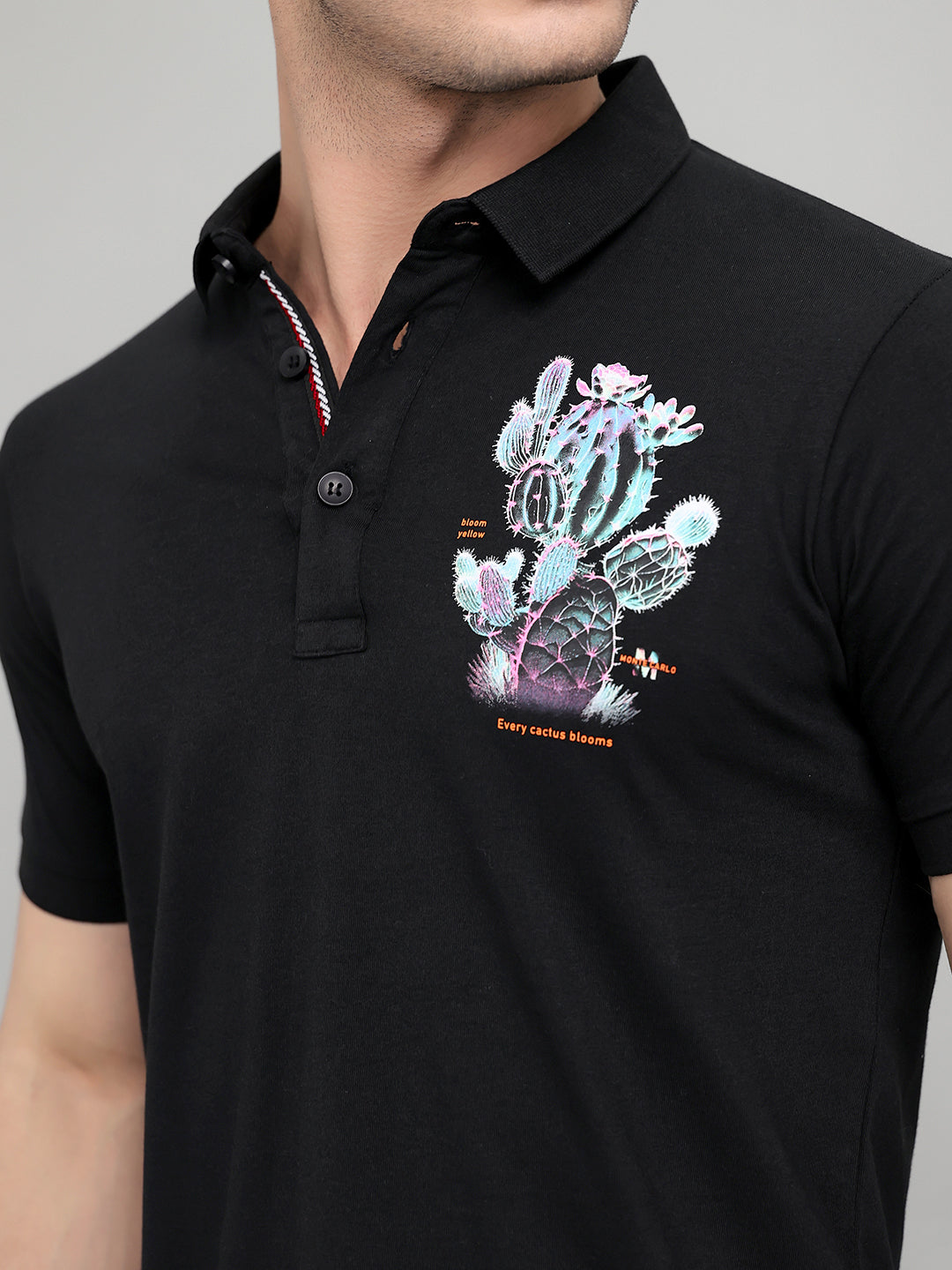 Men Black Printed Collar Half Sleeve T-Shirt