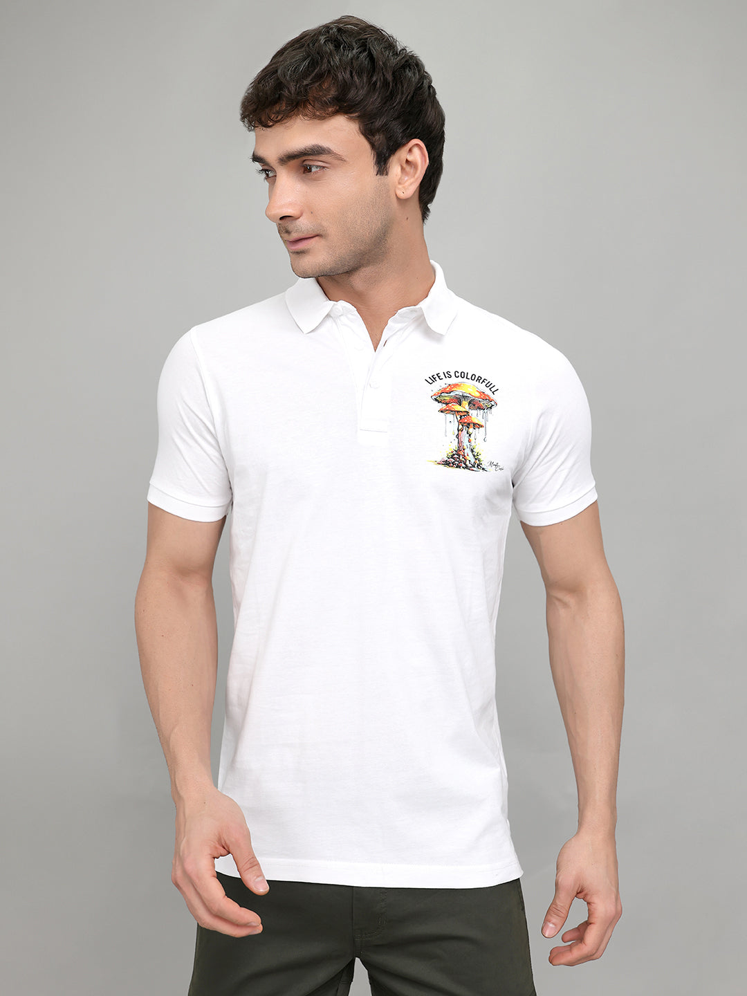 Men White Printed Collar Half Sleeve T-Shirt