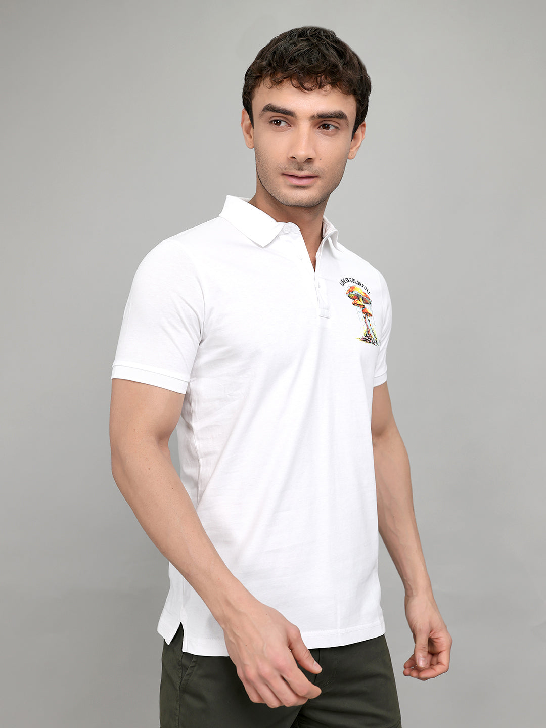 Men White Printed Collar Half Sleeve T-Shirt